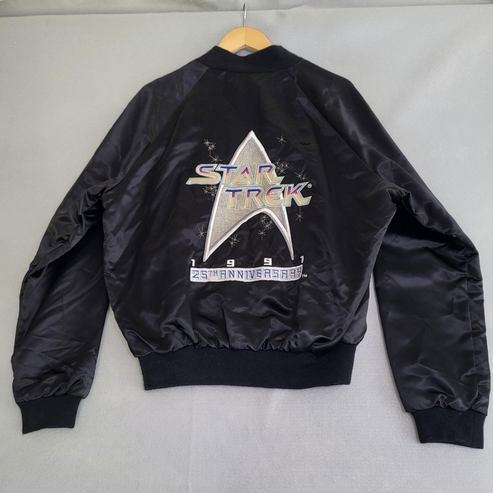 VTG Star Trek Satin Bomber Jacket 1991 Anniversary Size L Paramount Made In USA